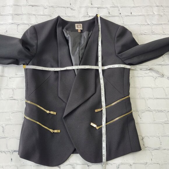 ANNE KLEIN BLACK CREPE GOLD ZIPPERS OPEN FRONT MOD STYLE JACKET COAT size S - Picture 2 of 13